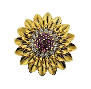 Retro 18K Gold Diamond Ruby Dahlia Flower Brooch Pendant