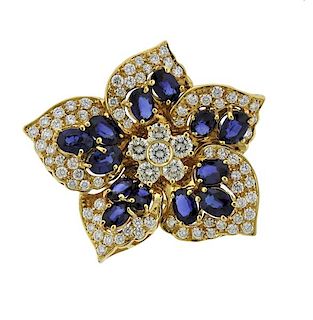 18k Gold Diamond Sapphire Flower Brooch 