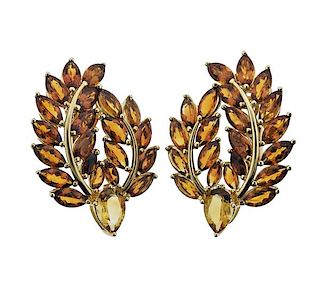14K Gold Citrine Leaf Motif Earrings