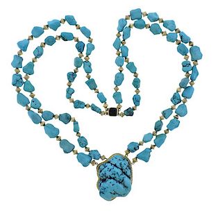 14K Gold Turquoise Pendant Two Strand Necklace