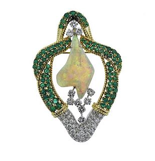 18K Gold Platinum Diamond Opal Emerald Brooch Pendant
