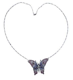 14K Gold Diamond Sapphire Butterfly Pendant Necklace