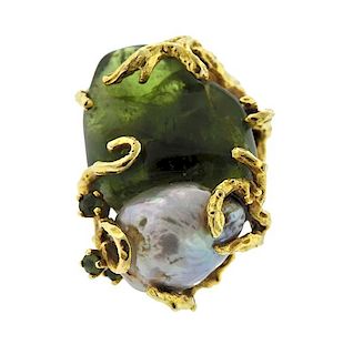 Celia Harms 14K Gold Pearl Green Stone Free Form Ring