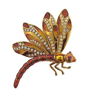 Judith Leiber 18K Gold Diamond Enamel Dragonfly Brooch