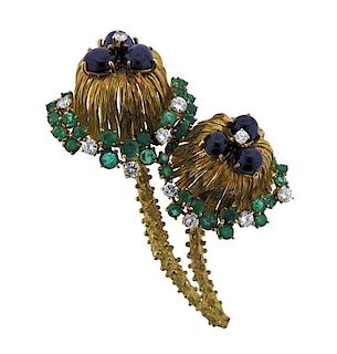 French Gold Diamond Sapphire Emerald Flower Brooch