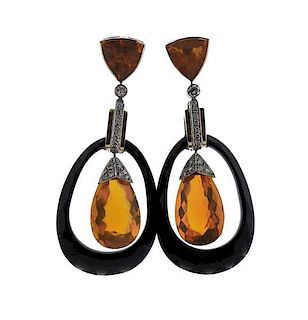 18K Gold Diamond Fire Opal Onyx Large Earrings