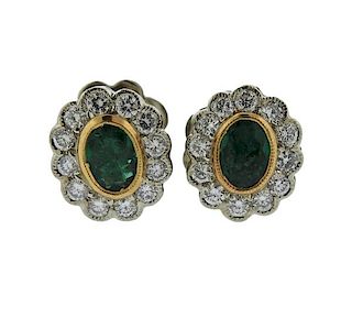 18K Gold Diamond Green Stone Halo Stud Earrings