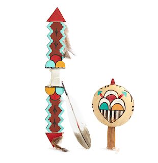 Hopi Kachina Gourd Rattle and Lightning Stick
