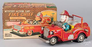 Japanese battery operated tin litho fire chief car