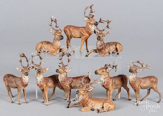 Nine German painted lead deer