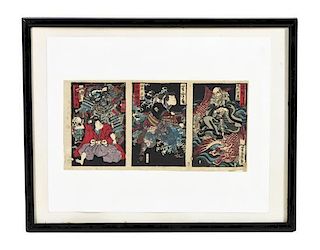 A Japanese Woodblock Triptych, 9 3/4 x 4 7/8 inches.