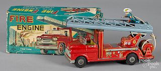 Japanese tin litho friction fire ladder truck