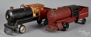 Two Keystone pressed steel ride-on floor trains