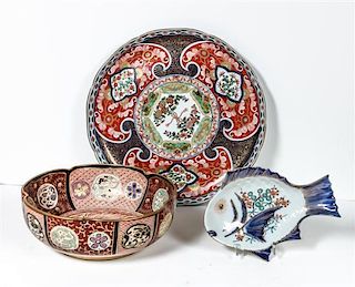 Three Japanese Ceramic Articles, Diameter of largest 14 3/4 inches.