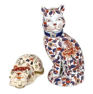 A Satsuma Pottery Figure of a Cat, Width of first 9 1/2 inches.