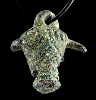 Greek Archaic Bronze Bull Head Pendant Necklace