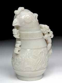 Chinese Qing White Jade Lidded Bird Vessel