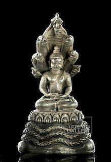Early 20th C. Indian Silvered Brass Amulet of Naga