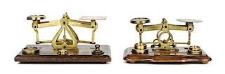 Two English Brass and Mahogany Balance Scales, Height 3 1/2 x width 7 1/4 x depth 4 inches.
