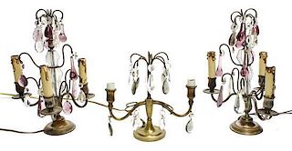 Two French Metal and Cut Glass Candelabra, Height of first 13 1/2 inches.