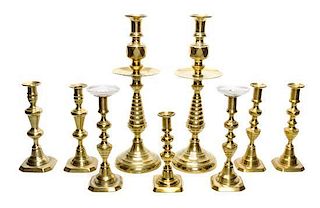 Three Pairs of English Brass Beehive Pattern Candlesticks, Height of tallest 17 1/4 inches.