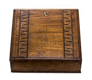 A Regency Mahogany Parquetry Inlaid Letter Box, Height 10 x width 13 x depth 8 1/4 inches.