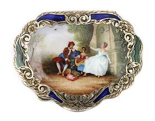 A Continental Enameled Silver Metal Compact, Width 3 3/4 inches.