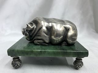 Russian Silver Pig on Nephrite Base