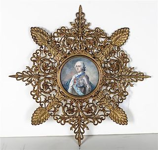 A French Portrait Miniature of Louis XV, Diameter of portrait 3 1/4 inches.