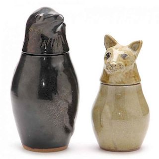 NC Folk Pottery, Pamela Owens, Two Figural Canisters