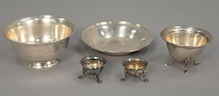 Five pieces of sterling silver to include three bowls and two salts