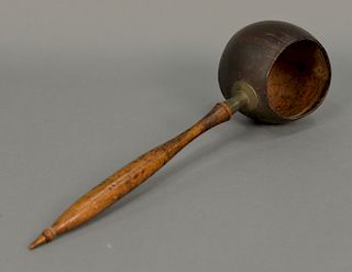19th century coconut shell sailors dipper, with maple turned handle and coconut shell bowl, lg. 15 1/2in.