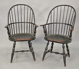 Set of six custom Windsor style armchairs, two with comb backs. comb back: ht. 47in.