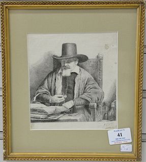 After Rembrandt Van Rijn, etching on tissue paper, portrait of Arnold Tholinx, sight size 6 1/2" x 6"