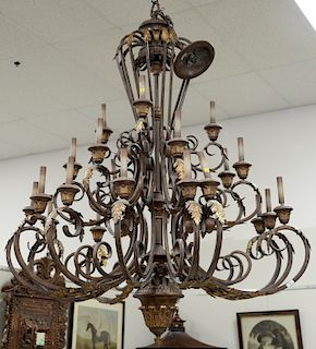 Large metal chandelier, 22 light with large ceiling plate along with shades. ht. 68in., dia. 58in.