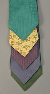 Assorted group of five Hermes silk ties. wd. 3 3/4in.