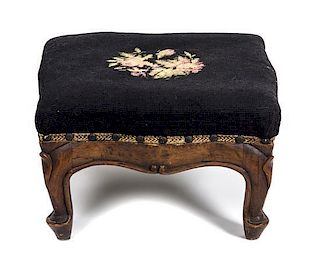 A Louis XV Style Needlepoint Upholstered Tabouret, Height 9 1/2 x width 15 x depth 15 inches.