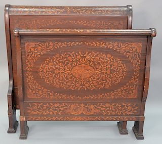 Marquetry inlaid queen size sleigh bed (wd. 45in.) along with marquetry inlaid headboard (as is).