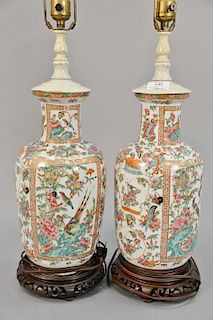 Pair of Rose Famille vases made into table lamps. ht. 13in., total ht. 28in.