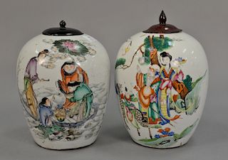 Pair of famille rose porcelain ginger jars with hand painted figures. vase ht. 10 1/2in.