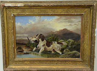 Duck hunt oil on canvas, Setter with Mallard, unsigned, 9 1/4" x 14 1/2".
