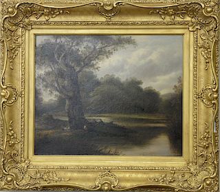 19th century oil on canvas landscape, sitting under the tree along the river, signed lower right illegibly: Hou?, relined, 18" x 22".
