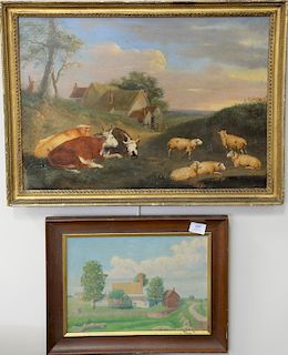 Two farm landscapes to include an oil on board English school with steer and sheep unsigned (19th century) and an oil on board lands...
