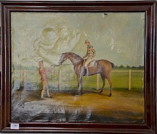 Equestrian portrait, horse with jockey oil on canvas, unsigned, 19th century, 21" x 25".