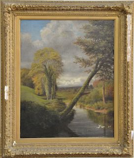 19th century English School landscape, oil on canvas, View Near Monkstown Cork, unsigned, titled on back of stretcher, 20" x 16".