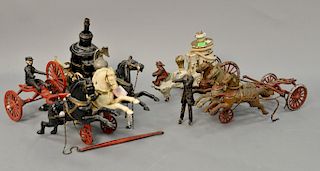Two large Victorian cast iron fire pumper wagons including triple horse drawn steam pumper fire truck with eagle finial and a three...
