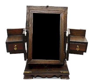 A Korean Brass Mounted Elm Vanity Mirror and Jewelry Box, Height 8 1/4 x width 8 3/4 x depth 13 inches.