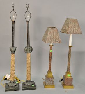 Two pairs of contemporary lamps to include one having bronze rams heads and veneered granite bases, attributed to Mailand Smith, and...