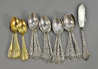 Nineteen piece lot to include Shreve & Low gilt decorated tea spoons, thirteen Medici by Gorham spoons, and butterknife