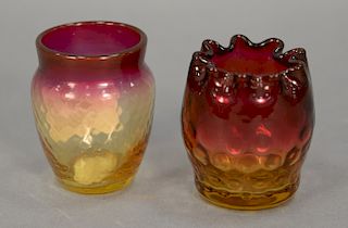 Two Amberina glass toothpick holders, Mt. Washington Glass Co. Quilted and the other with ruffled rim. ht. 2 1/4in. & 2 1/2in.